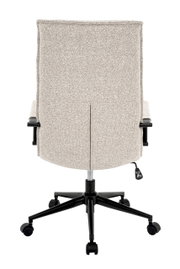 Rückansicht eines beigen Drehstuhls mit schwarzem Fußkreuz und Rollen