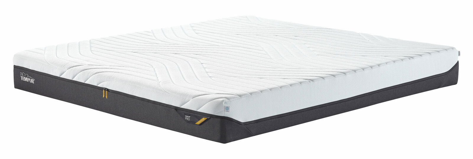 Tempur TFK-Matratze PRO COOLQUILT Seitliche Ansicht einer TEMPUR-Matratze mit weißem Bezug und schwarzem Rand, Größe 180x200 cm, festes Modell.