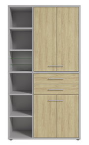 Hochformatiger Aktenschrank mit Holzoptik und grauem Rahmen, links offene Regalfächer, rechts Türen und Schubladen, Frontalansicht