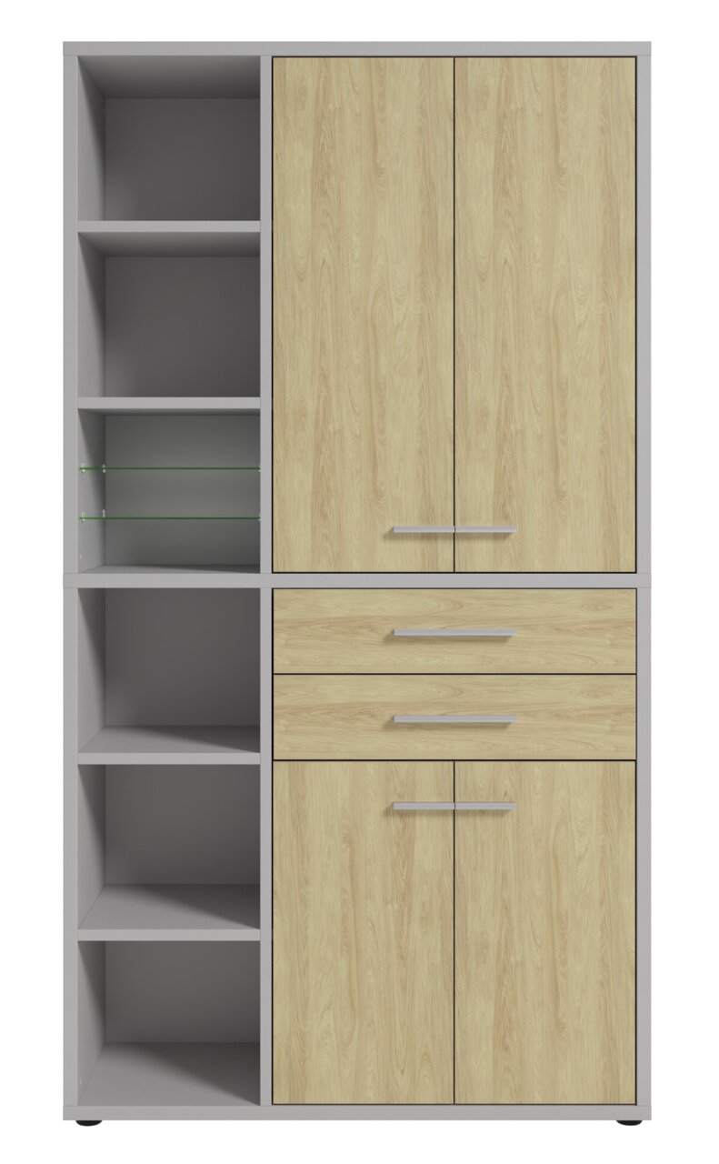 Hochformatiger Aktenschrank mit Holzoptik und grauem Rahmen, links offene Regalfächer, rechts Türen und Schubladen, Frontalansicht
