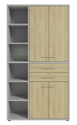 Hochformatiger Aktenschrank mit Holzoptik und grauem Rahmen, links offene Regalfächer, rechts Türen und Schubladen, Frontalansicht