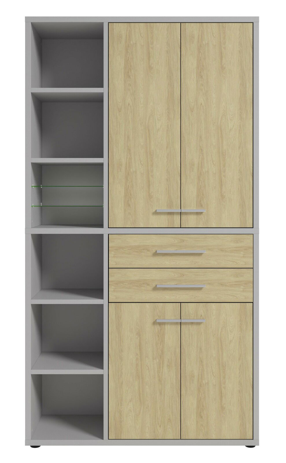 Hochformatiger Aktenschrank mit Holzoptik und grauem Rahmen, links offene Regalfächer, rechts Türen und Schubladen, Frontalansicht