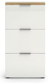 Moderner weißer Schuhschrank mit drei Klappen und Holzoberfläche, Frontalansicht