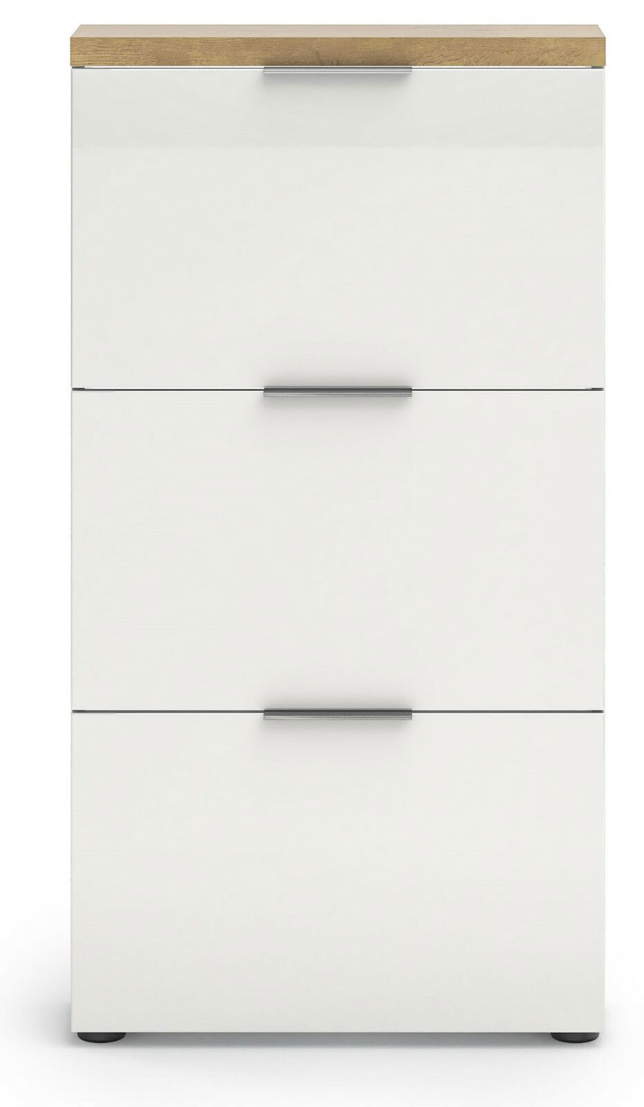 Moderner weißer Schuhschrank mit drei Klappen und Holzoberfläche, Frontalansicht