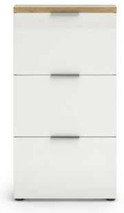 Moderner weißer Schuhschrank mit drei Klappen und Holzoberfläche, Frontalansicht