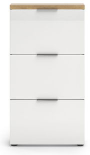 Moderner weißer Schuhschrank mit drei Klappen und Holzoberfläche, Frontalansicht