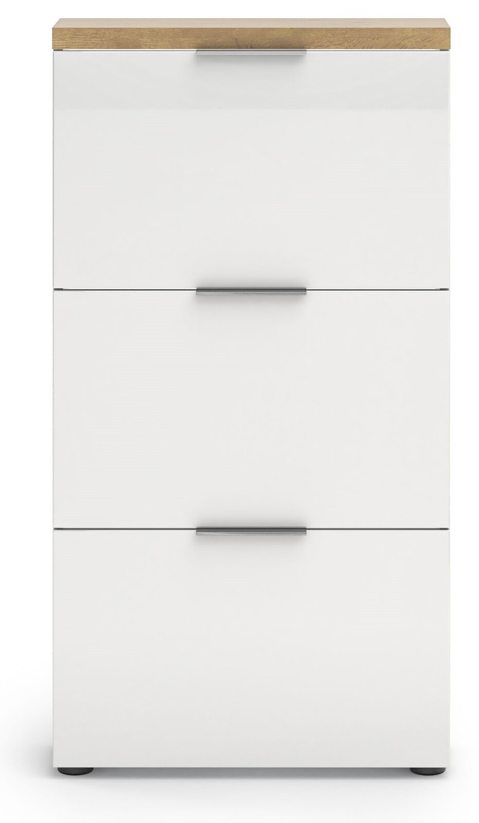 Moderner weißer Schuhschrank mit drei Klappen und Holzoberfläche, Frontalansicht