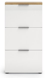 Moderner weißer Schuhschrank mit drei Klappen und Holzoberfläche, Frontalansicht