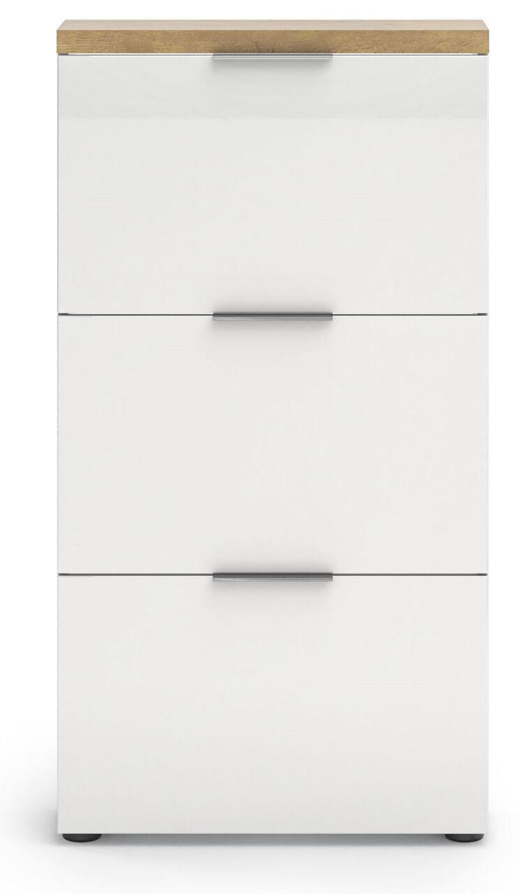 Moderner weißer Schuhschrank mit drei Klappen und Holzoberfläche, Frontalansicht