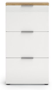 Moderner weißer Schuhschrank mit drei Klappen und Holzoberfläche, Frontalansicht