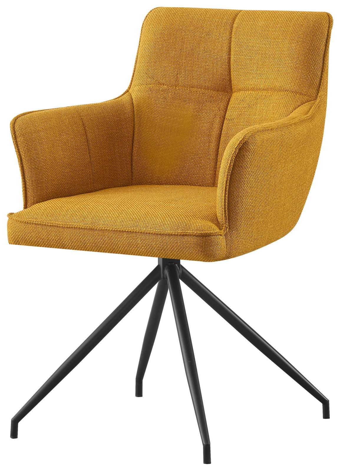 Gelber Armlehnstuhl mit schwarzem Metallgestell, seitliche Perspektive