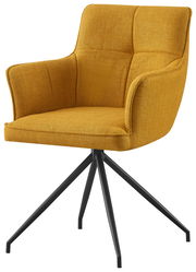 Gelber Armlehnstuhl mit schwarzem Metallgestell, seitliche Perspektive