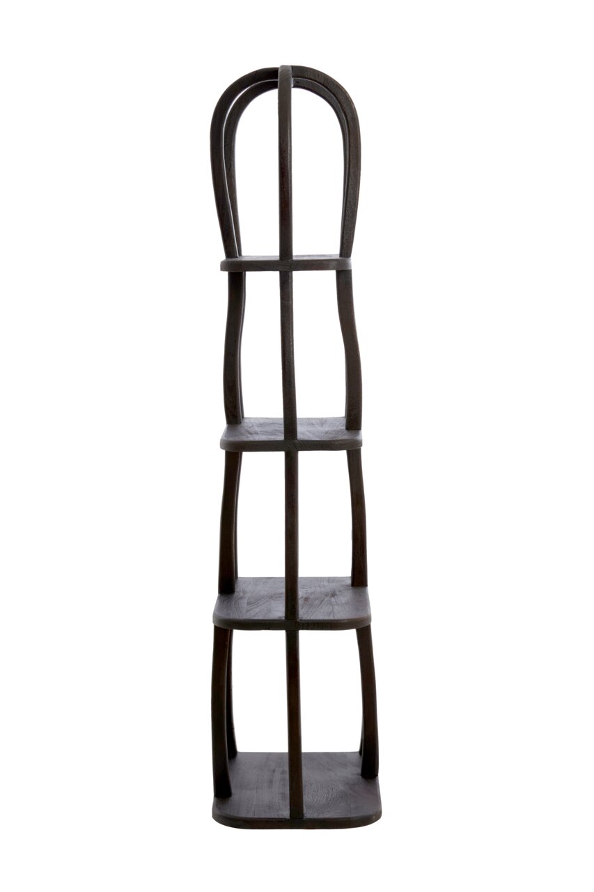 Schwarzes, hohes Regal mit vier Ebenen, aus Holz, in frontaler Ansicht.
