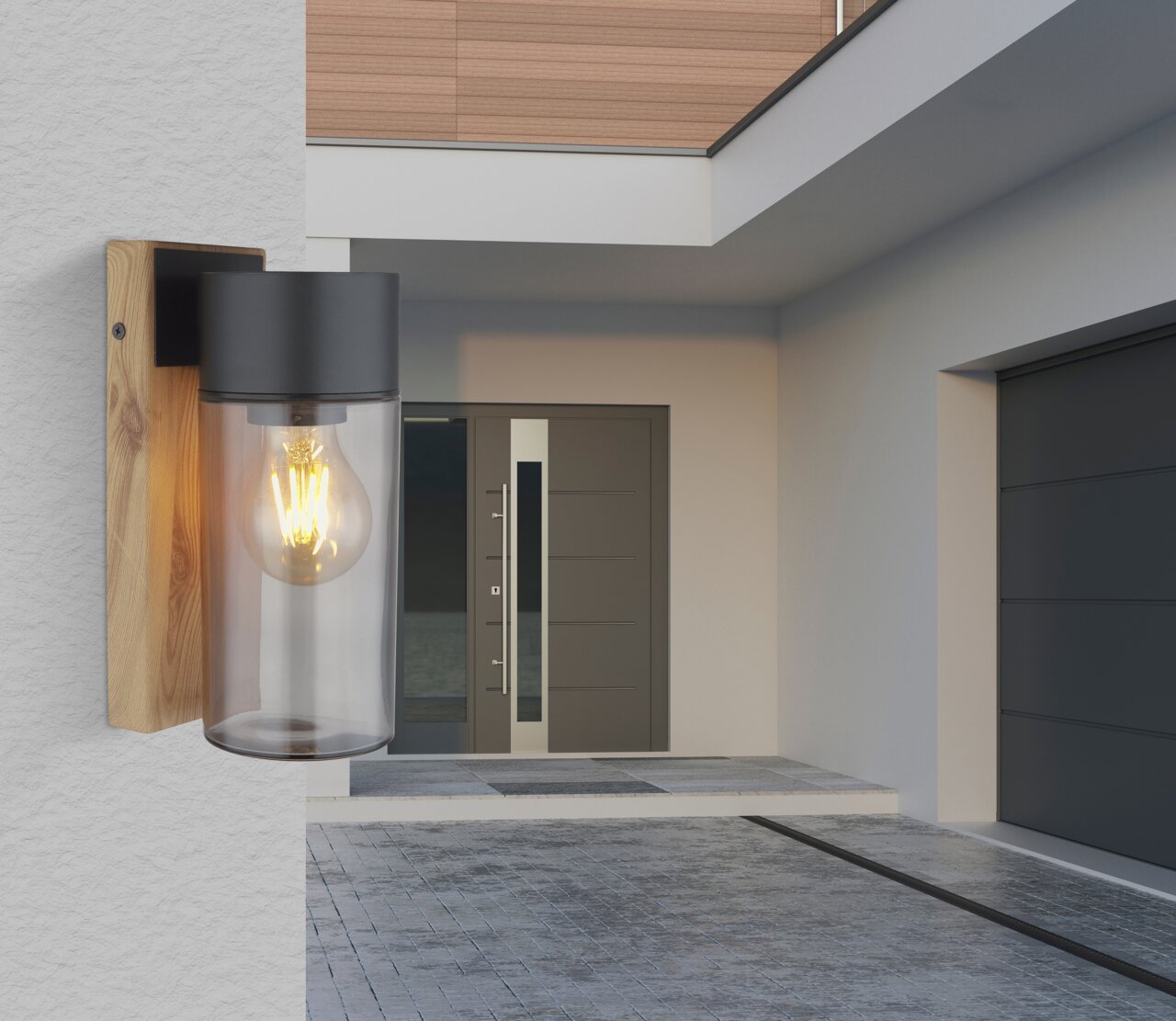 Moderne Außenleuchte an einer Hauswand, seitliche Perspektive