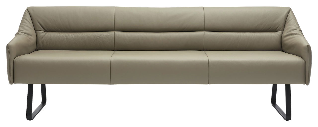 Moderne Sitzbank aus Leder in Beige mit schwarzen Metallbeinen, Frontalansicht