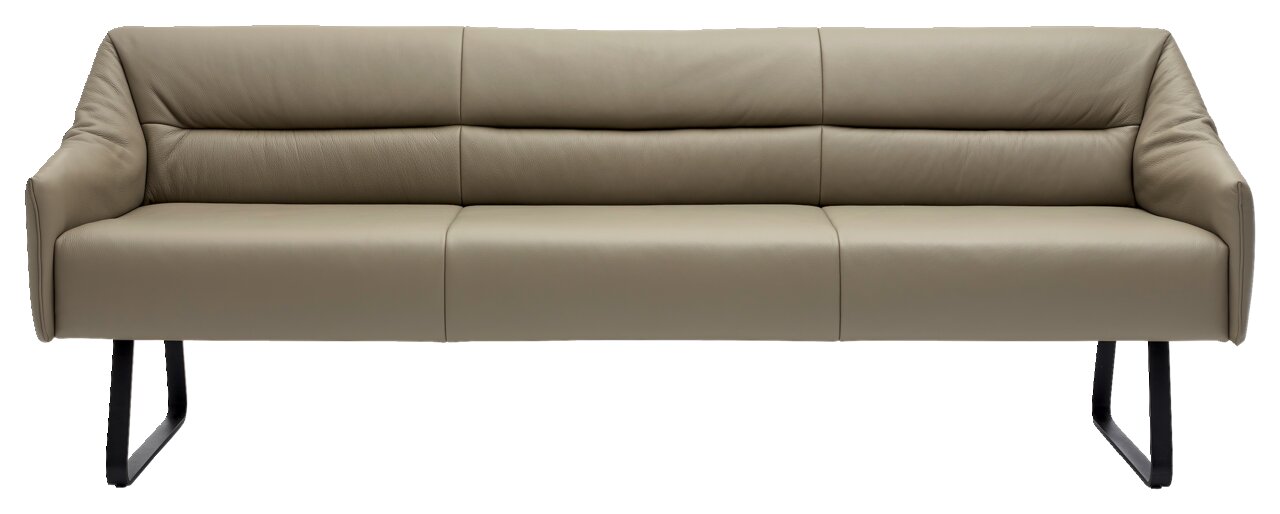 Moderne Sitzbank aus Leder in Beige mit schwarzen Metallbeinen, Frontalansicht
