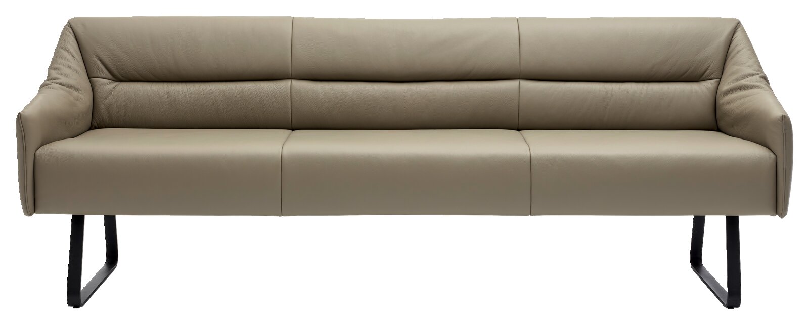 Moderne leren bank in beige met zwarte metalen poten, vooraanzicht
