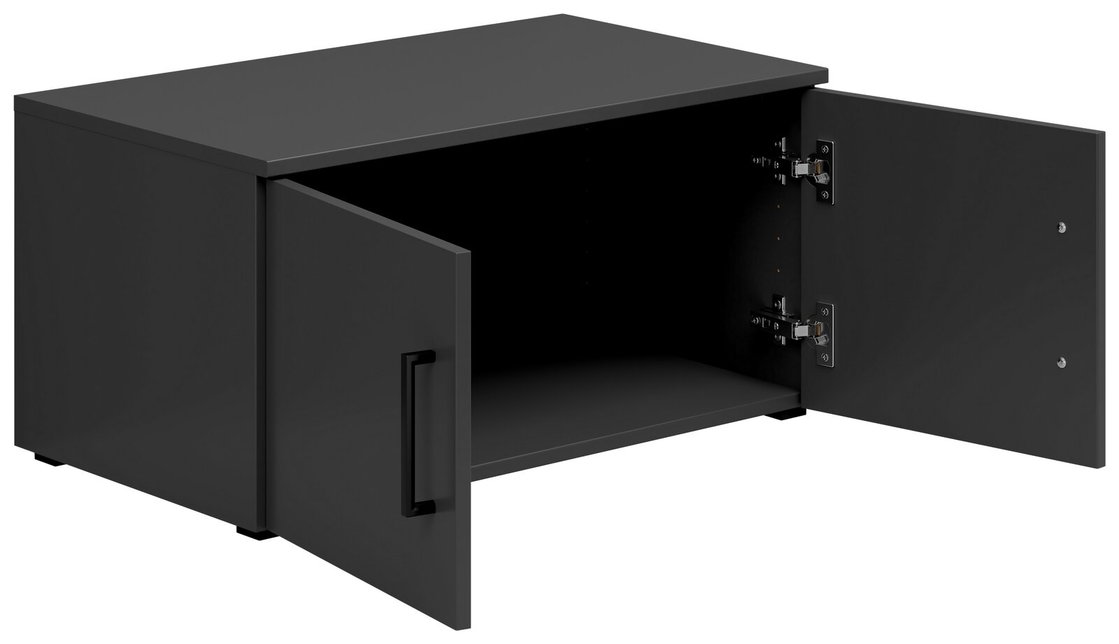 Schwarzer Aufsatzschrank mit zwei geöffneten Türen, seitliche Perspektive