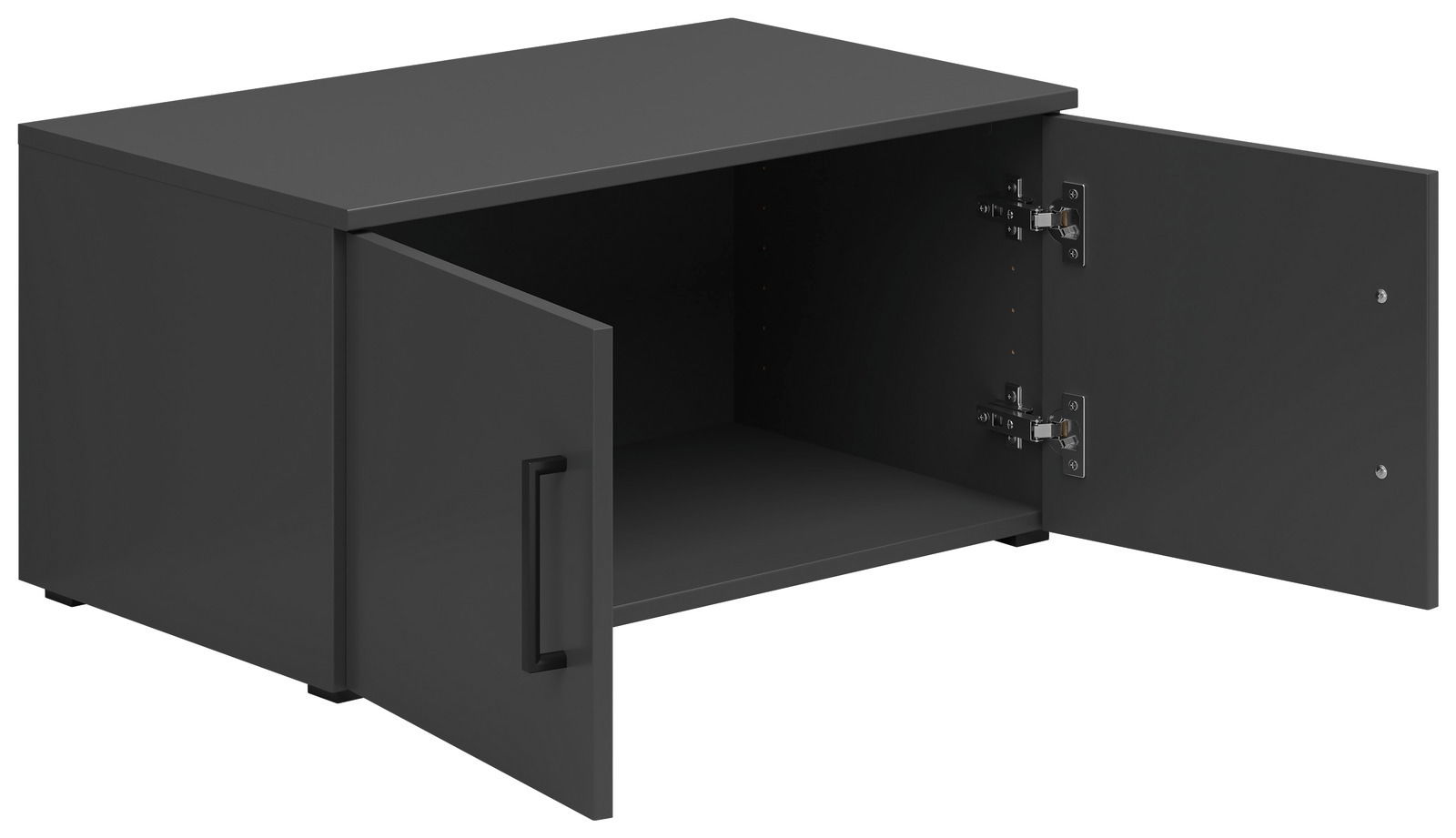 Schwarzer Aufsatzschrank mit zwei geöffneten Türen, seitliche Perspektive