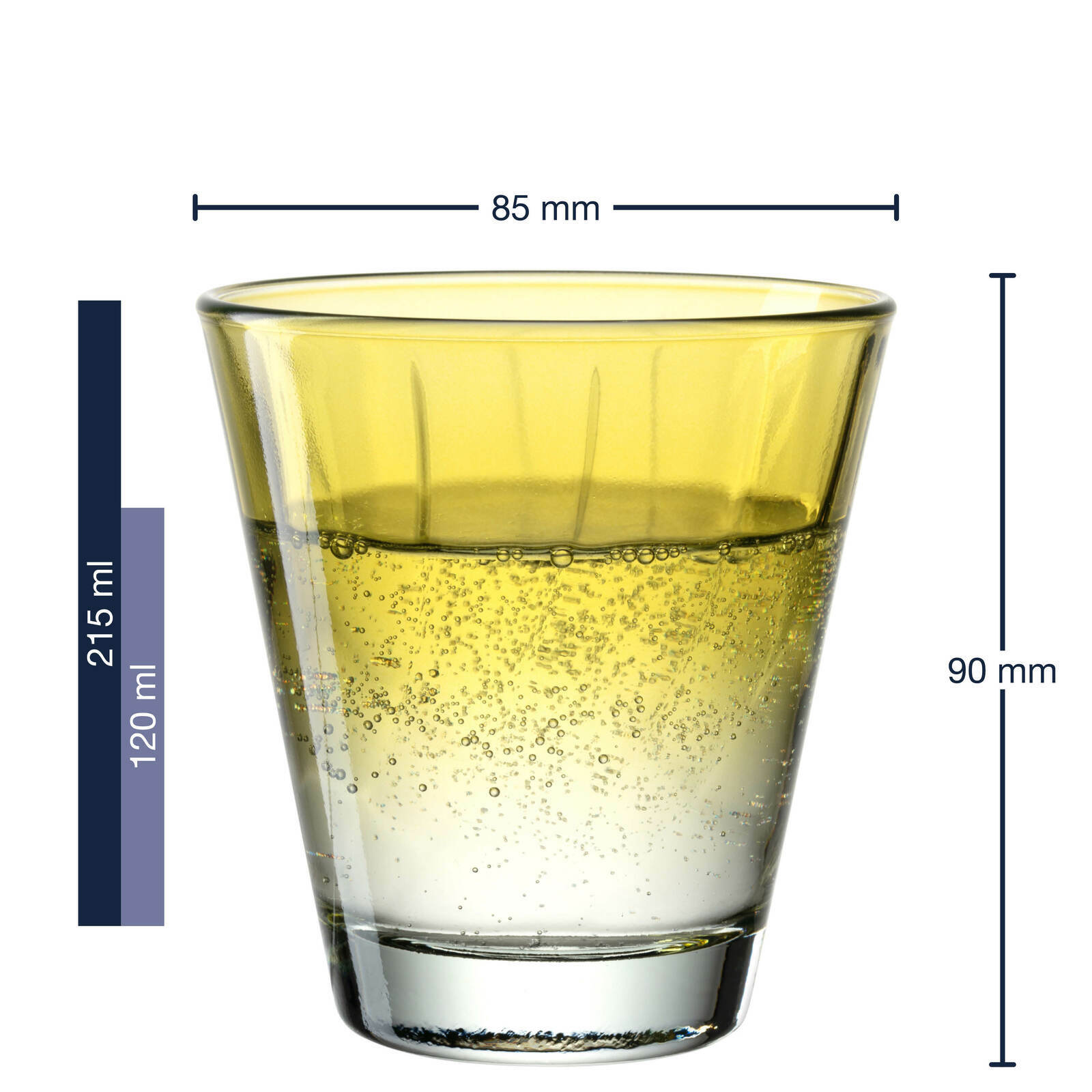 Gelbes Trinkglas Twist mit 215 ml Fassungsvermögen, seitliche Ansicht mit Maßangaben.