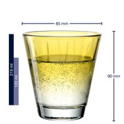 Geel drinkglas Twist met een inhoud van 215 ml, zijaanzicht met maatverdeling.