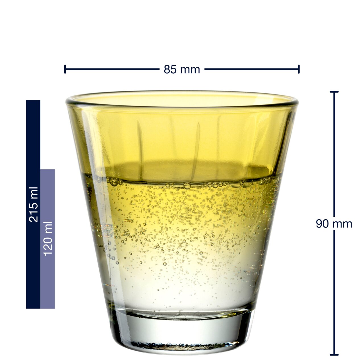 Geel drinkglas Twist met een inhoud van 215 ml, zijaanzicht met maatverdeling.