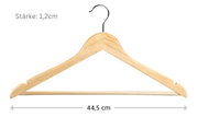Houten kledinghanger met metalen haak en broeklat, breedte 44,5 cm en dikte 1,2 cm, frontale aanzicht op witte achtergrond