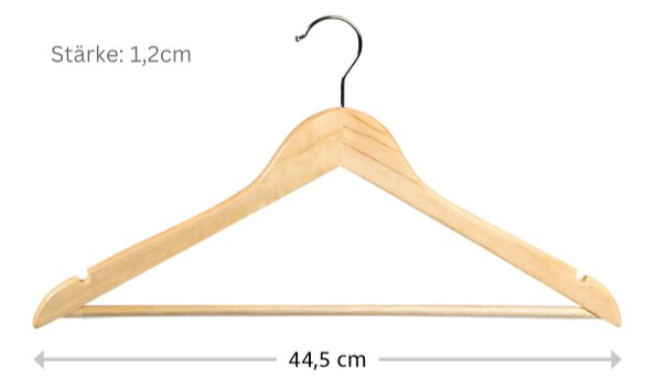 Houten kledinghanger met metalen haak en broeklat, breedte 44,5 cm en dikte 1,2 cm, frontale aanzicht op witte achtergrond