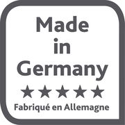 Label mit der Aufschrift 'Made in Germany' und fünf Sternen, perspektivisch von vorne.