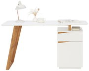 Moderner Schreibtisch mit weißer Tischplatte, Holzbeinen und integriertem Schubladenschrank, seitliche Perspektive
