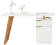 Moderner Schreibtisch mit weißer Tischplatte, Holzbeinen und integriertem Schubladenschrank, seitliche Perspektive