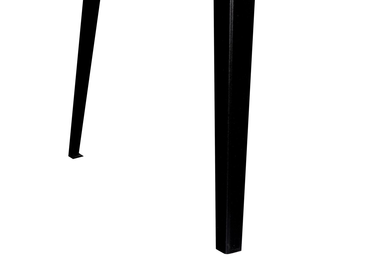 Nahaufnahme eines schwarzen Tischbeins aus Metall, perspektivisch von der Seite aufgenommen.