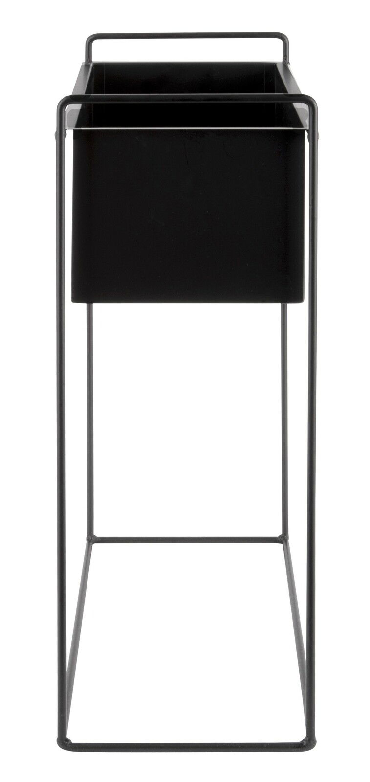 Schwarzer Pflanzkübel auf hohem, schlankem Metallgestell, Frontalansicht