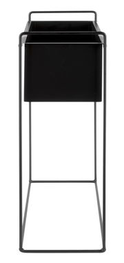 Schwarzer Pflanzkübel auf hohem, schlankem Metallgestell, Frontalansicht