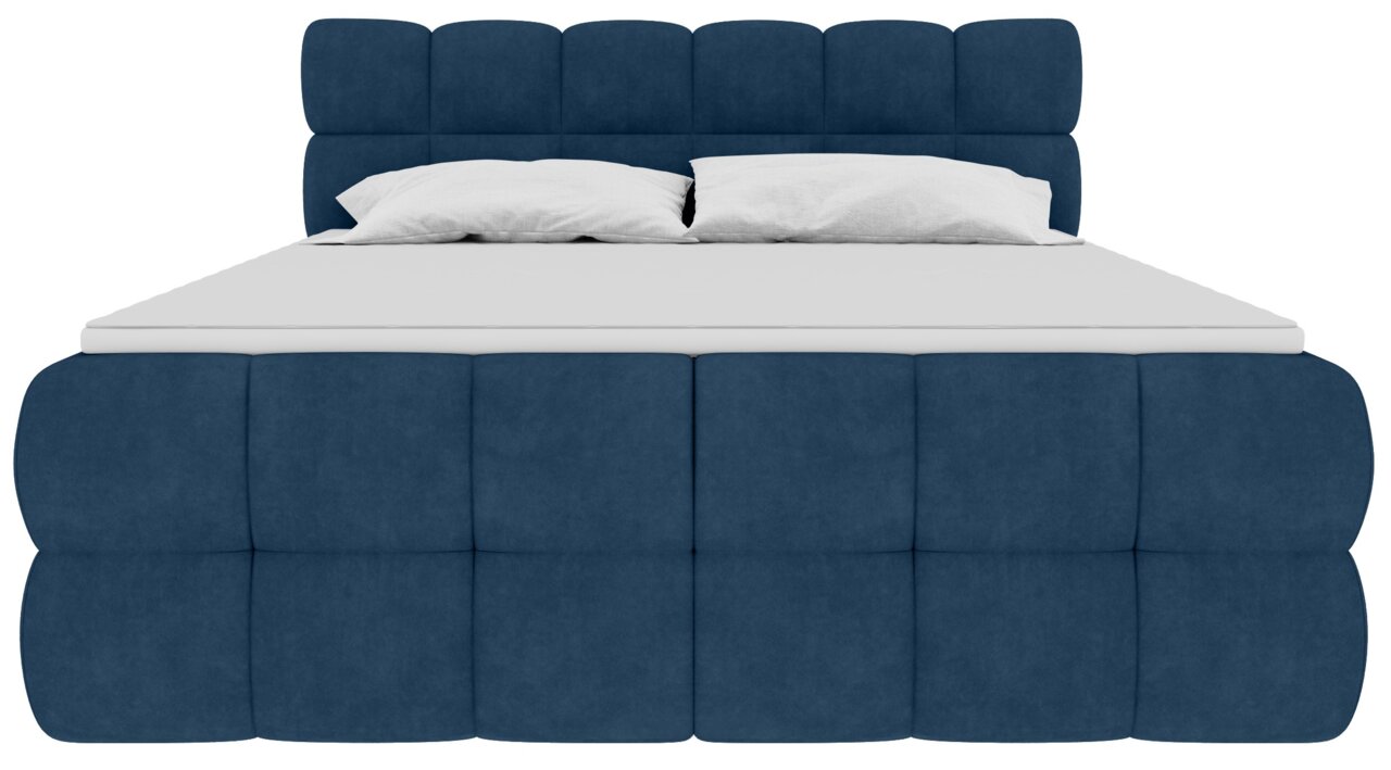 Blauw, gestoffeerd bed met doorgestikt hoofdeinde en wit matras, gezien van voren.