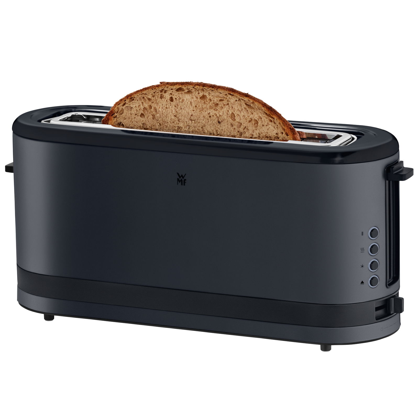 Langschlitztoaster in tiefschwarz mit einer Scheibe Brot, seitliche Perspektive