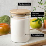 Vorratsglas mit Bambusdeckel, BPA-freier Silikondichtung und aus Borosilikatglas, seitliche Perspektive