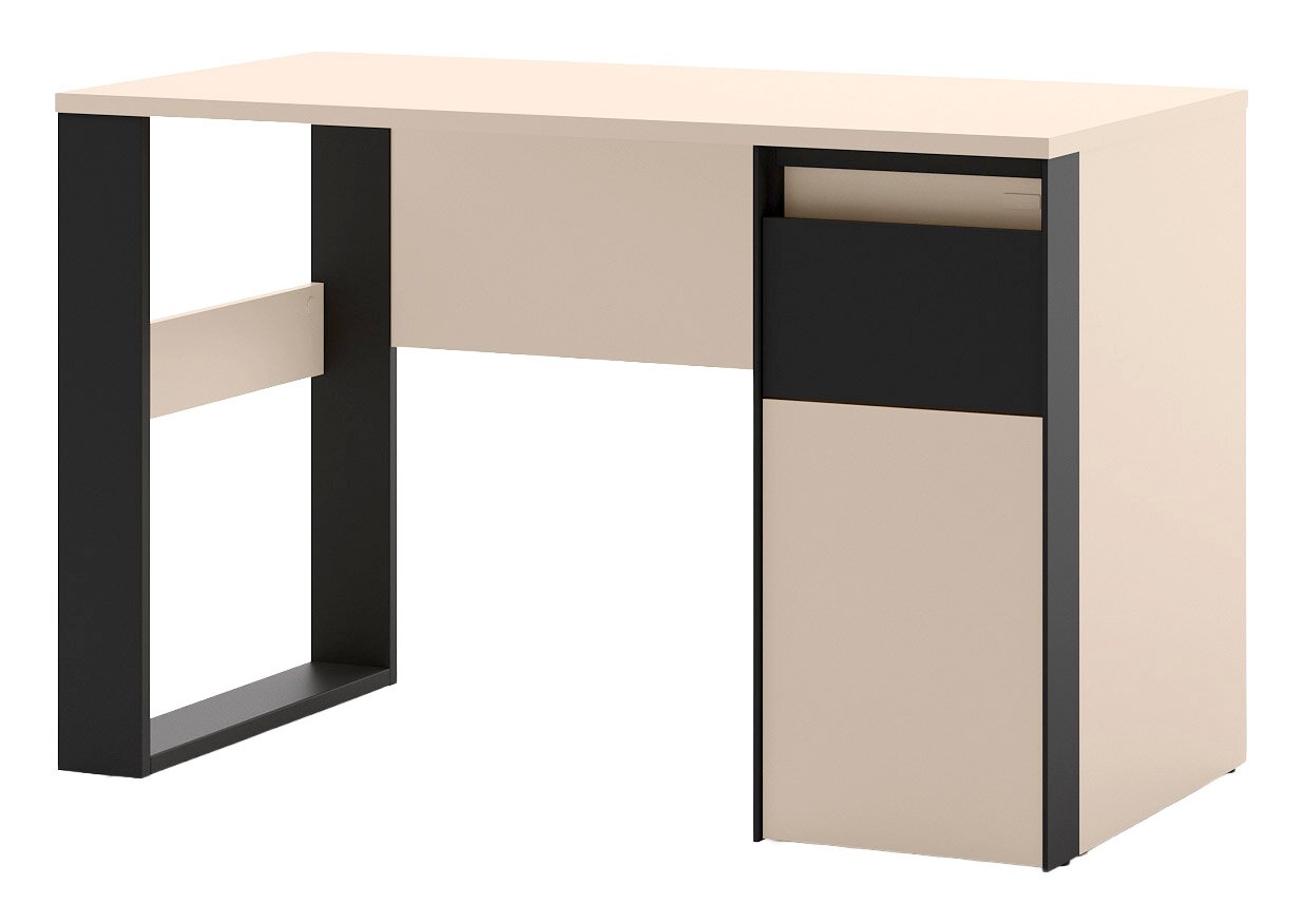 Voleo Schreibtisch ZAYA Moderner Schreibtisch in Beige mit schwarzem Metallrahmen und seitlichem Stauraumfach, freigestellt auf weißem Hintergrund, gezeigt in Frontansicht mit leichter Seitenperspektive von links.