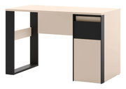 Moderne compacte bureau in beige met zwart frame en geïntegreerde lade, schuin van voren weergegeven