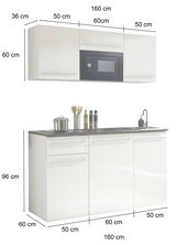 Single-Küche 160 cm in Weiß mit Hängeschrank, integriertem Mikrowellenfach und Unterschrank mit Spüle, seitliche Perspektive