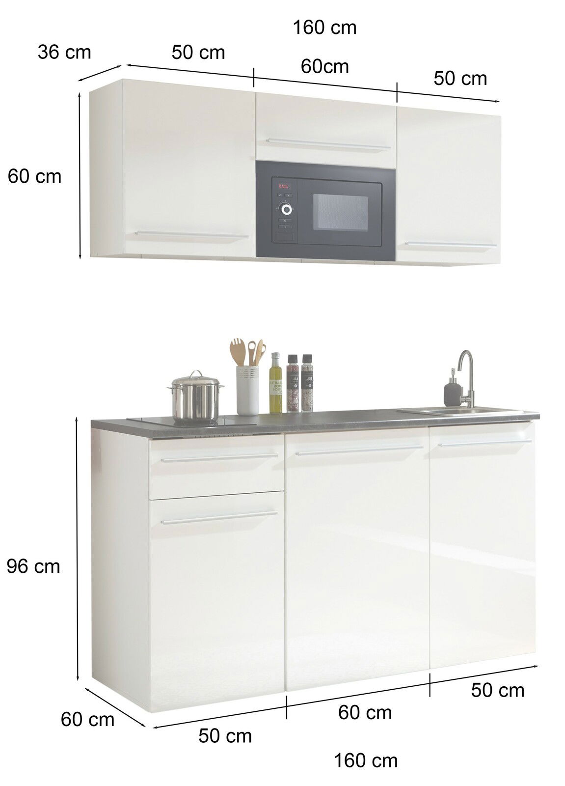 Single-Küche 160 cm in Weiß mit Hängeschrank, integriertem Mikrowellenfach und Unterschrank mit Spüle, seitliche Perspektive