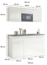 Single-Küche 160 cm in Weiß mit Hängeschrank, integriertem Mikrowellenfach und Unterschrank mit Spüle, seitliche Perspektive