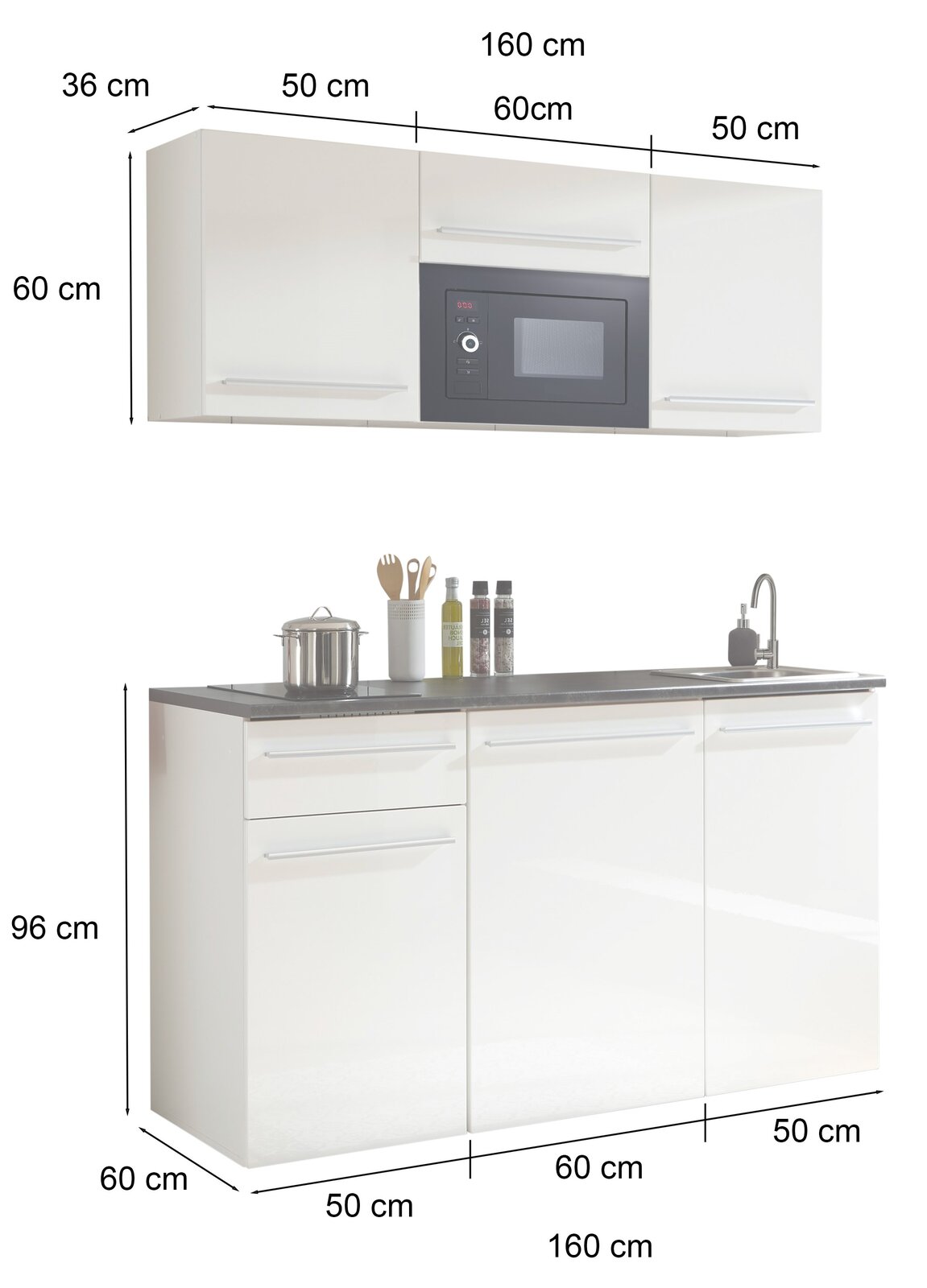 Single-Küche 160 cm in Weiß mit Hängeschrank, integriertem Mikrowellenfach und Unterschrank mit Spüle, seitliche Perspektive