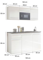 Single-Küche 160 cm in Weiß mit Hängeschrank, integriertem Mikrowellenfach und Unterschrank mit Spüle, seitliche Perspektive