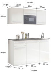 Single-Küche 160 cm in Weiß mit Hängeschrank, integriertem Mikrowellenfach und Unterschrank mit Spüle, seitliche Perspektive
