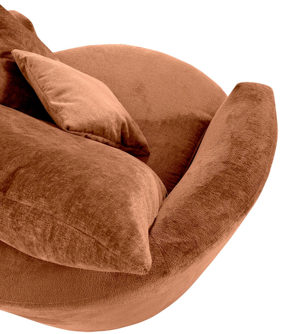 Close-up van een bruine fauteuil met een zachte stoffen bekleding en bijpassend kussen, gezien vanaf de zijkant.