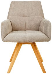 Frontansicht eines beigen Armlehnstuhls mit Holzbeinen