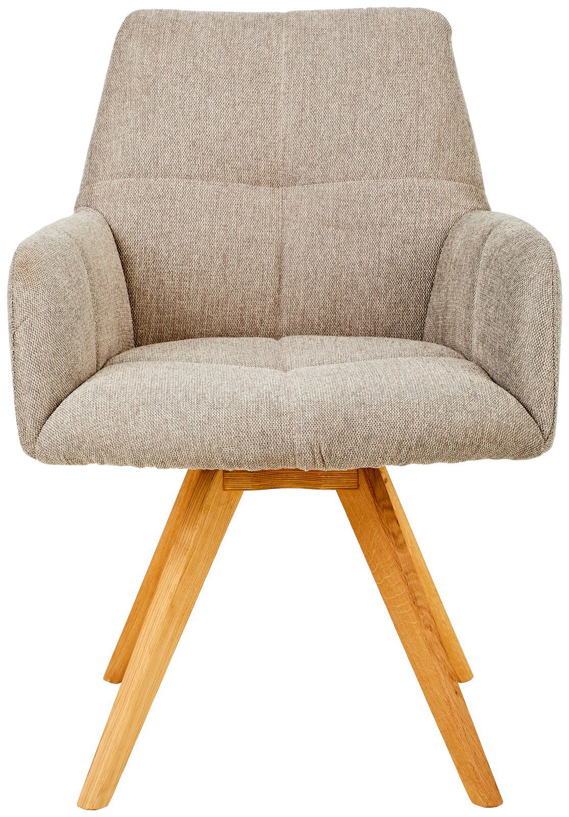 Frontansicht eines beigen Armlehnstuhls mit Holzbeinen