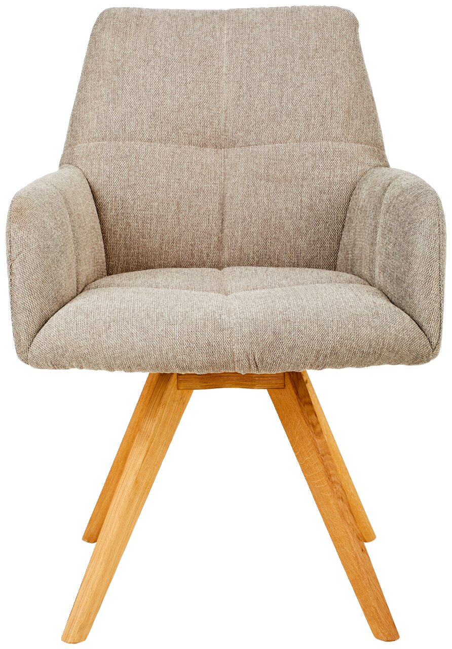 Frontansicht eines beigen Armlehnstuhls mit Holzbeinen
