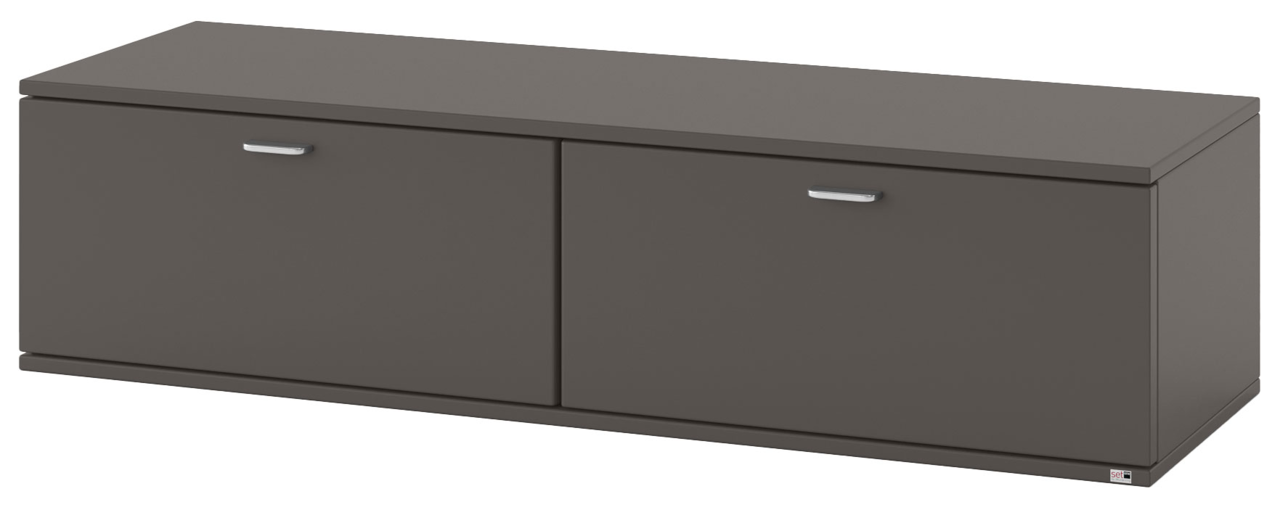 Modernes, dunkelgraues TV-Lowboard mit zwei Türen, seitliche Perspektive